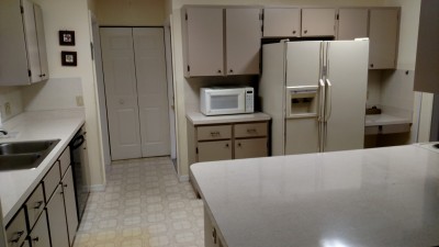Kitchen counter with cabinets and refrigerator behind