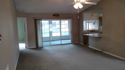 Living Room with sliding glass door in back and kitchen to right