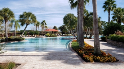 looking at beach entry end of resort style pool surrounded by palm trees