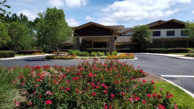 Reunion Center with rose bushes in fore ground